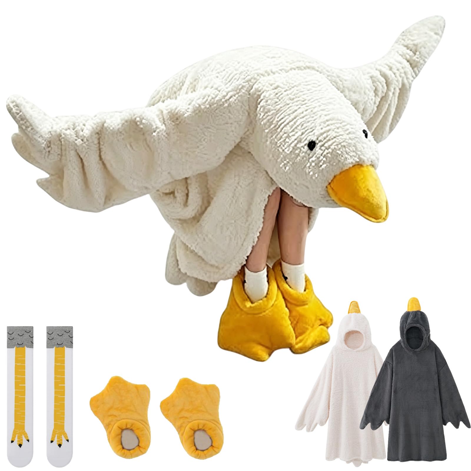 Funny Duck Onesie, Duck Pjs, Wearable Goose Blanket Hoodie for Adults and Kids, Oversized Warm Cozy Sleepwear with Feet Slippers, Cozy Fleece Oversized Blanket (White, XXL(80-100 kg))