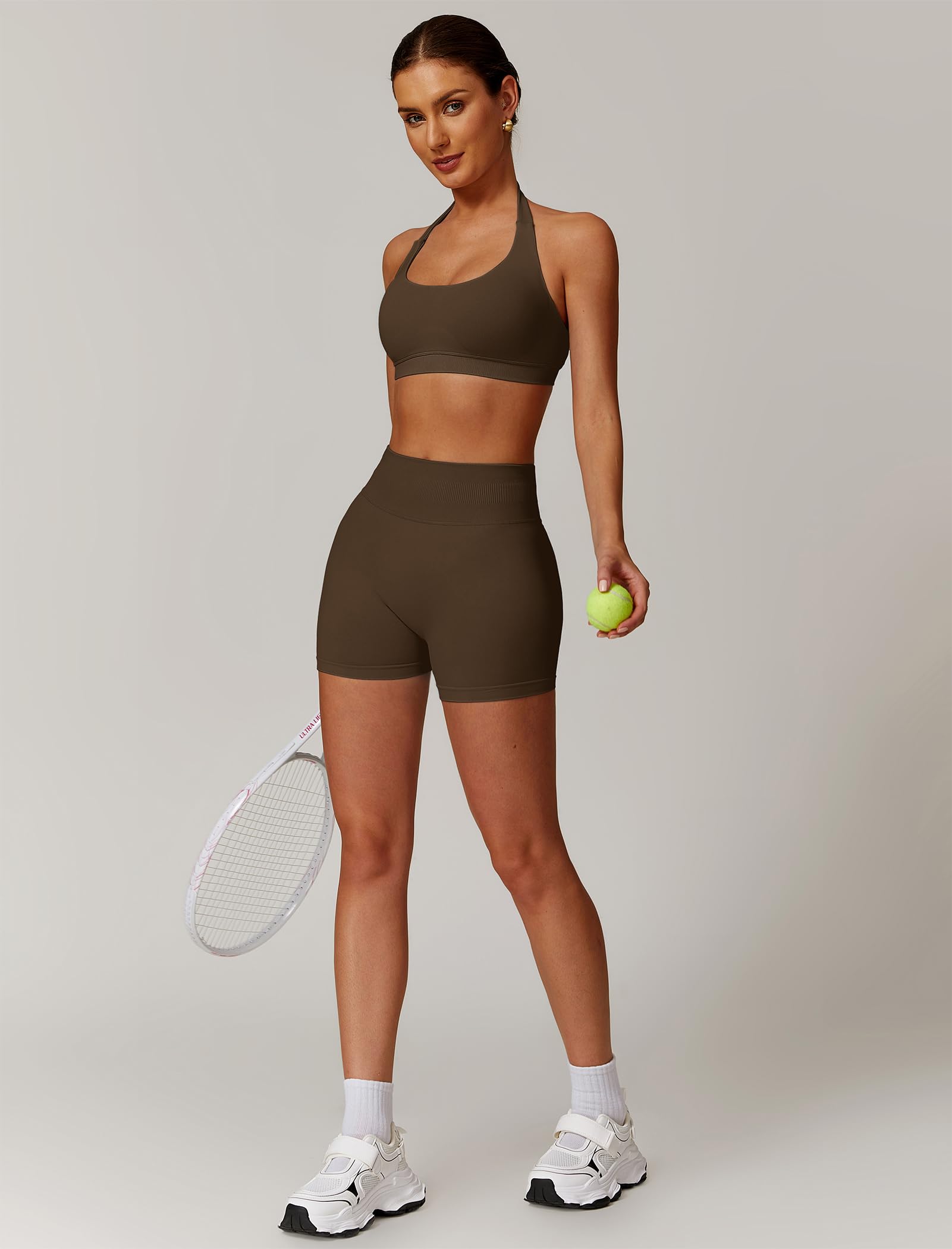 Odizli Sujetador deportivo para mujer + pantalones cortos de cintura alta, dos piezas, gimnasio, entrenamiento, yoga, fitness, ropa deportiva