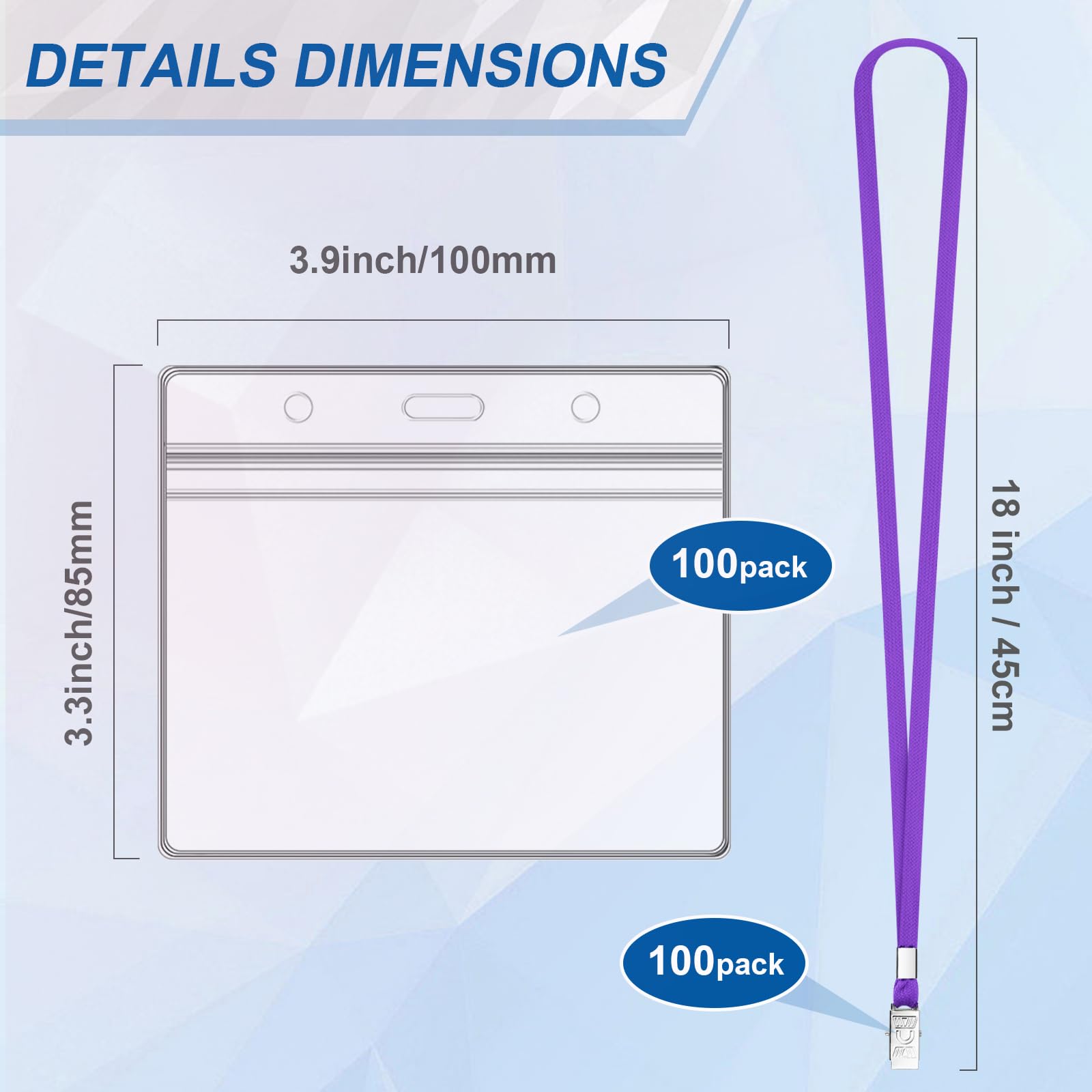Lot de 100 cordons pour badges d'identité et 100 porte-badges d'identification horizontaux en plastique transparent, tour de cou plat avec clip étanche et refermable pour porte-nom (violet)