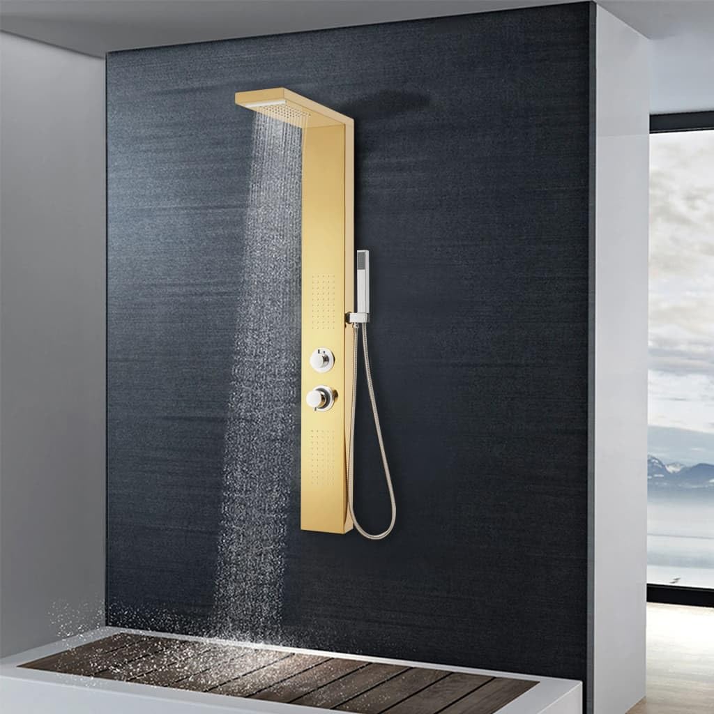 vidaXL Sistema de Panel de Ducha Torre Aseo Cuarto de Baño Cascada Chorros de Masaje Termostato Moderno Acero Inoxidable 201 Dorado