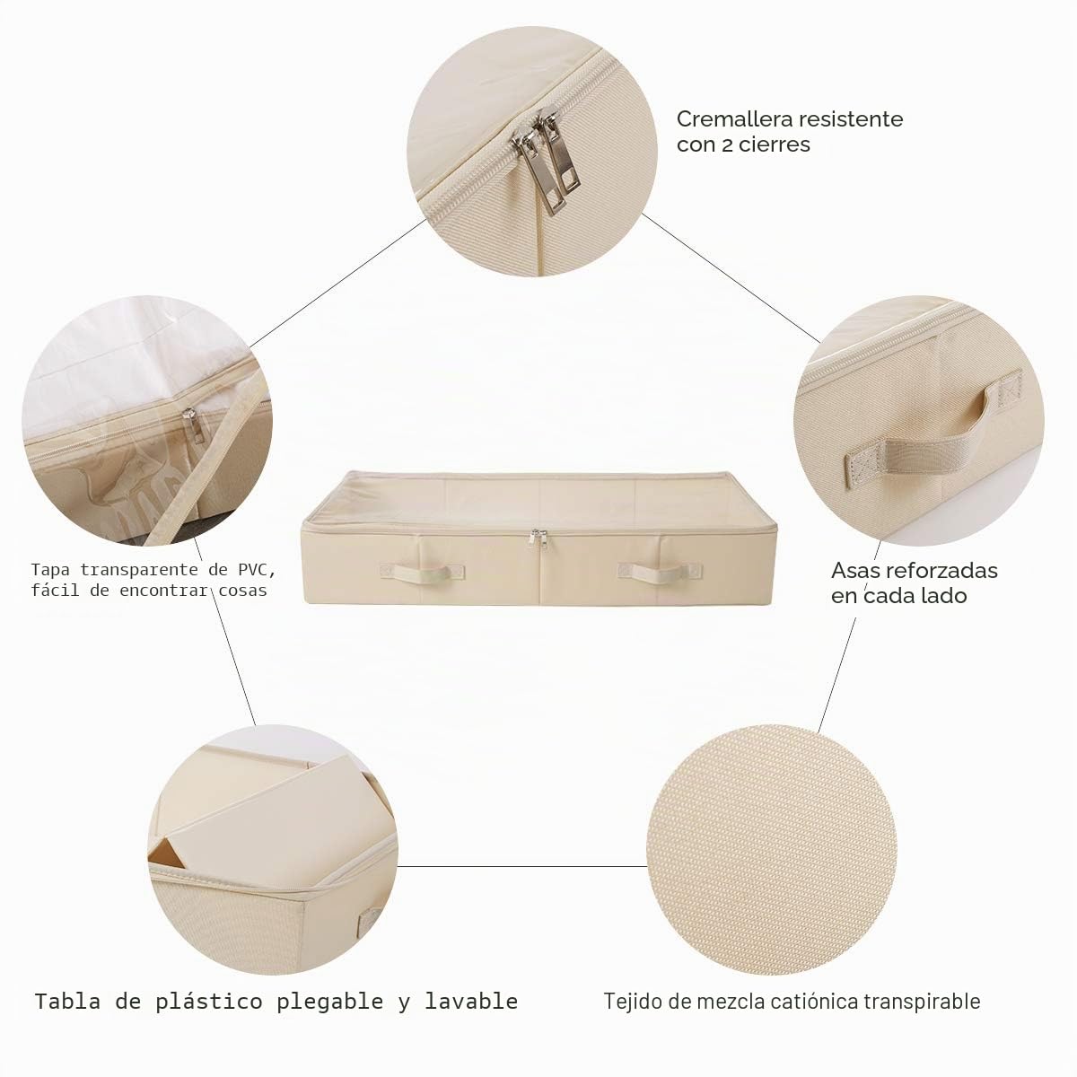 Pack de 2 cajas de almacenamiento espaciosas de PVC visibles con tapa debajo de la cama para zapatos, mantas y ropa de cama, plegables y lavables, color beige