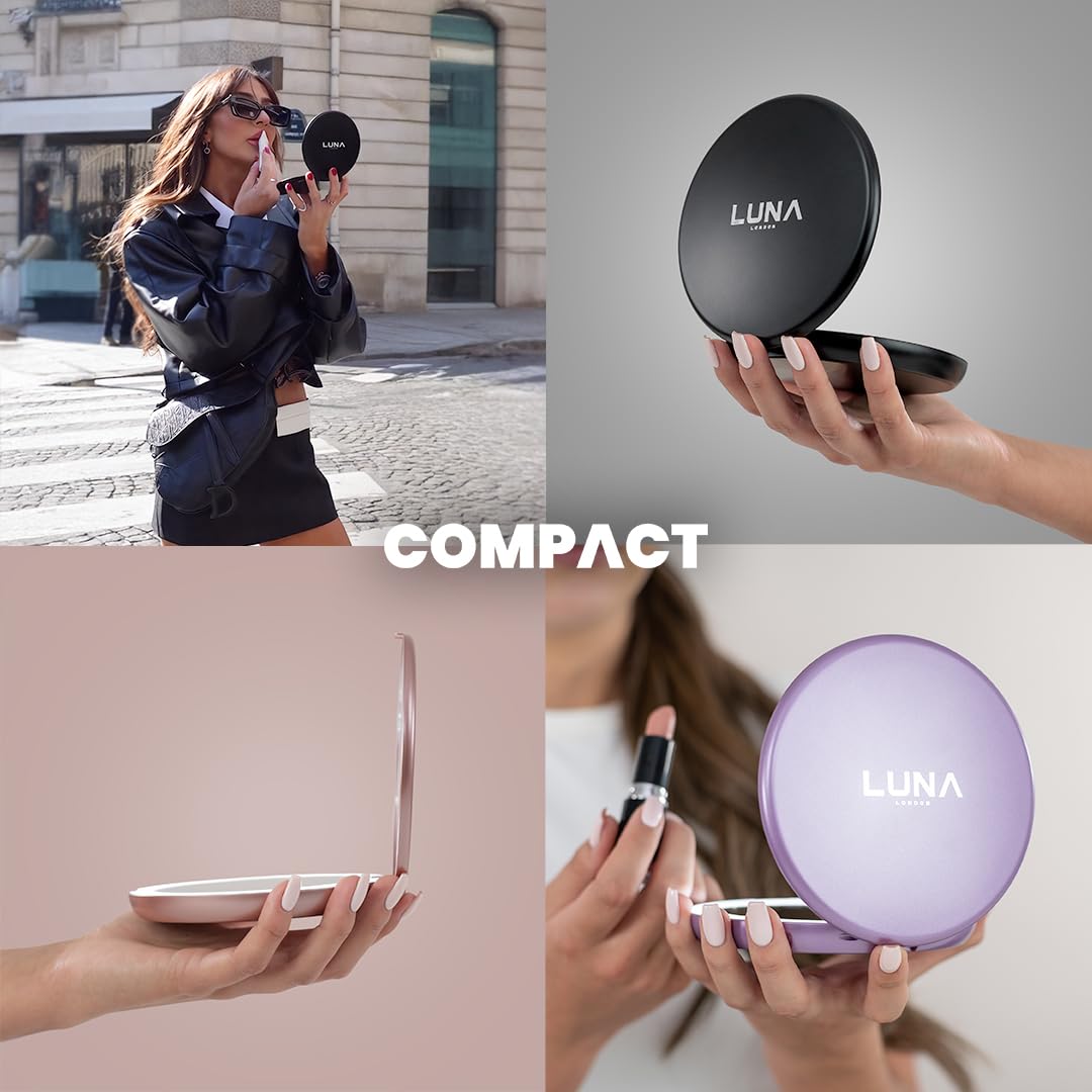 LUNA London Specchio da viaggio compatto, specchio da viaggio con luce | specchio cosmetico illuminato a LED con 3 modalità di illuminazione, ingrandimento 7x, pieghevole, portatile e ricaricabile