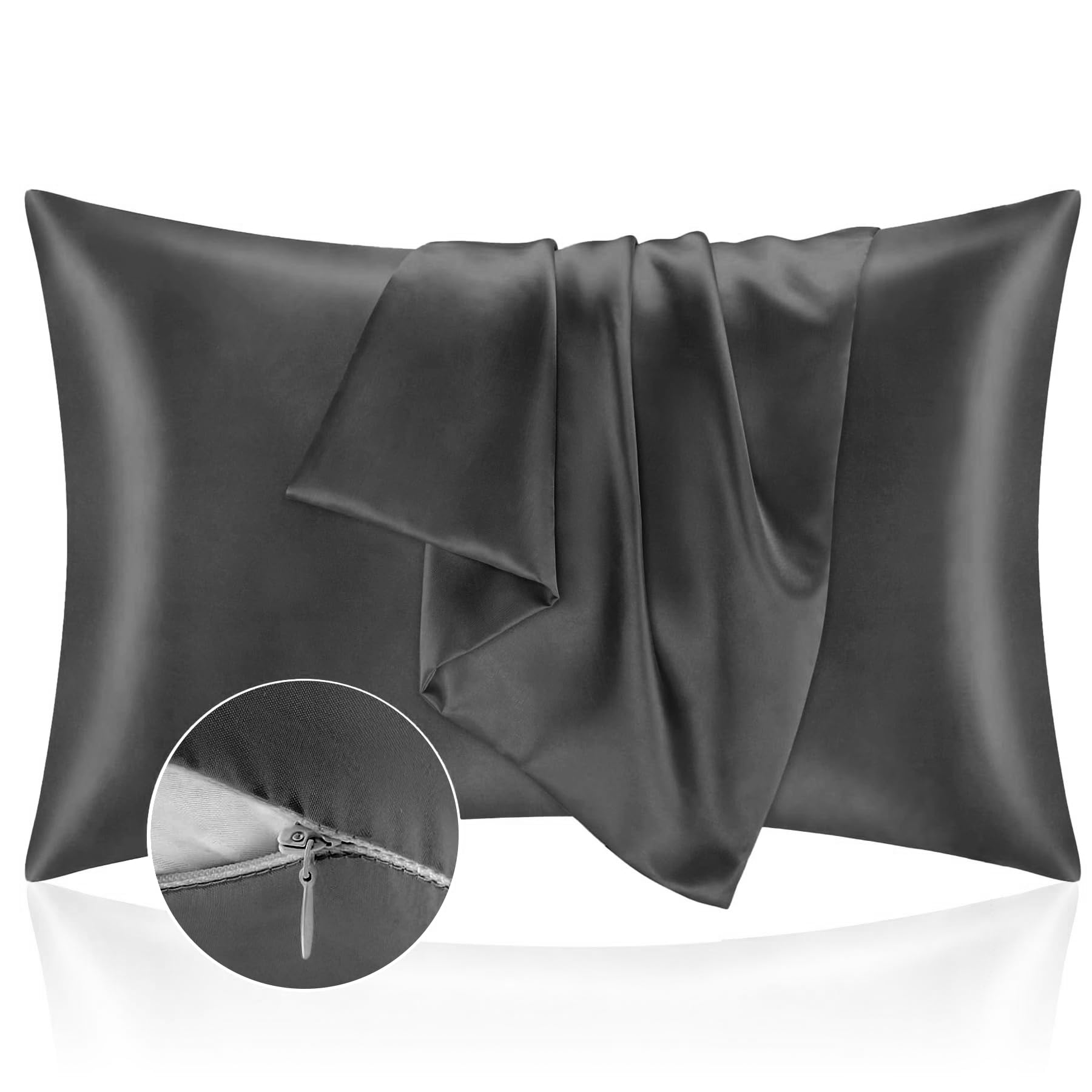 Satin Pillow Case for Bed 50x80 cm, Silky Pillow Case Protect Skin and Hair, Oeko-Tex Super Soft and Hypoallergenic, 2 x Zippered Pillowcase, Dark Grey