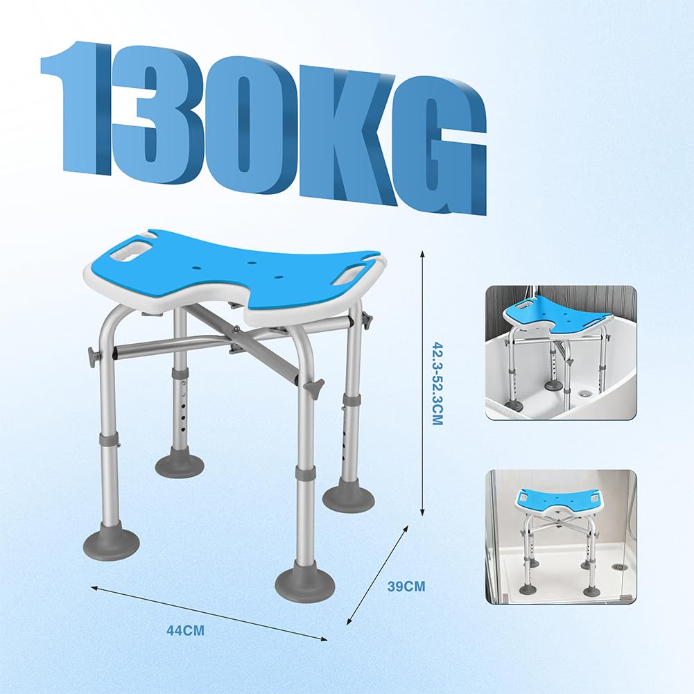 BAKAJI Sgabello da Doccia per Anziani, Disabili e Persone con Mobilità Ridotta, Sedile Ergonomico e Struttura in Alluminio Peso Max. 130kg, Sedia da Basca con Fori di Drenaggio e Altezza Regolabile