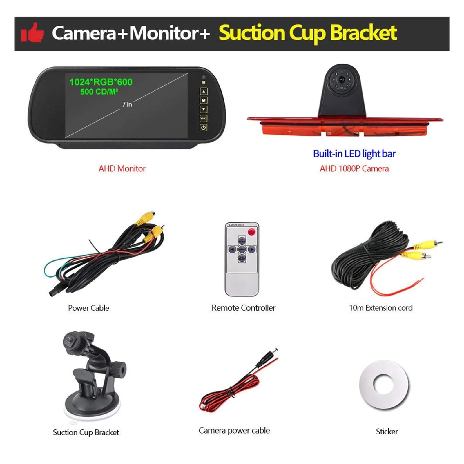 Zestaw Kamery Cofania AHD 1080P Ze Światłem Hamowania Z Monitorem Lustrzanym Wbudowana Listwa Świateł LED Stabilna Transmisja SygnałU(Suction Cup Mount)