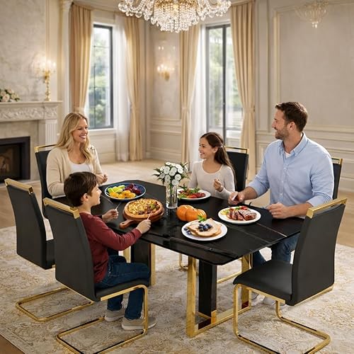 Miniatura 2 de Juego de mesa de comedor negra para 6, juego de mesa de comedor de lujo moderno con patas doradas cromadas, juego de mesa de cocina de mármol 6
