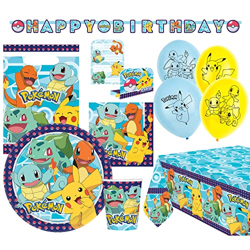 amscan 9050 0365-66 Pokemon-Juego 56 Piezas, vajilla desechable y decoración, cumpleaños Infantil,...