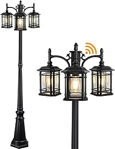 CINOTON Dusk to Dawn Outdoor Lamp Post Lights, Black Outdoor Street Light Pole Waterproof Outside Pole Lights Fixtures Triple Head Lantern Lamp with Clear Glass Panels for Backyard Patio Garden Décor