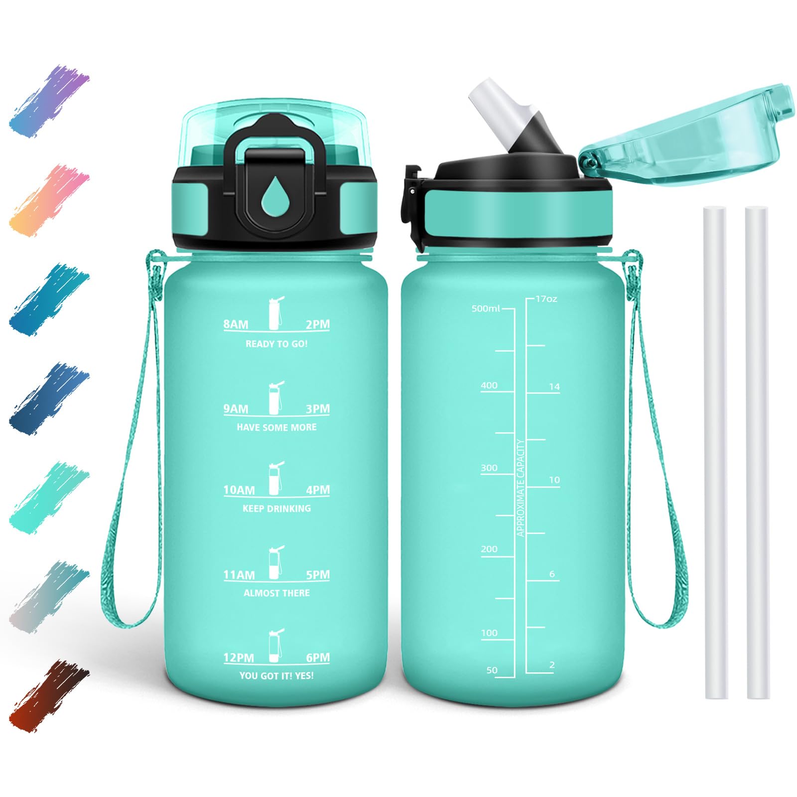 Motswedi Drinking Bottle 500 ml, Leak-Proof, BPA-Free, Motivational with Time Marking, Water Bottle with Straw Turquoise
