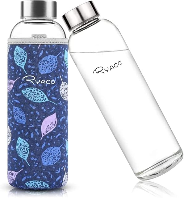 RYACO Butelka na wodę ze szkła borokrzemowego, 550 ml, bez BPA, szczelna, do szkoły, domu, biura, podróży, sportu, jogi, siłowni, gorących/zimnych napojów, z neoprenowym rękawem i szczotką z gąbki