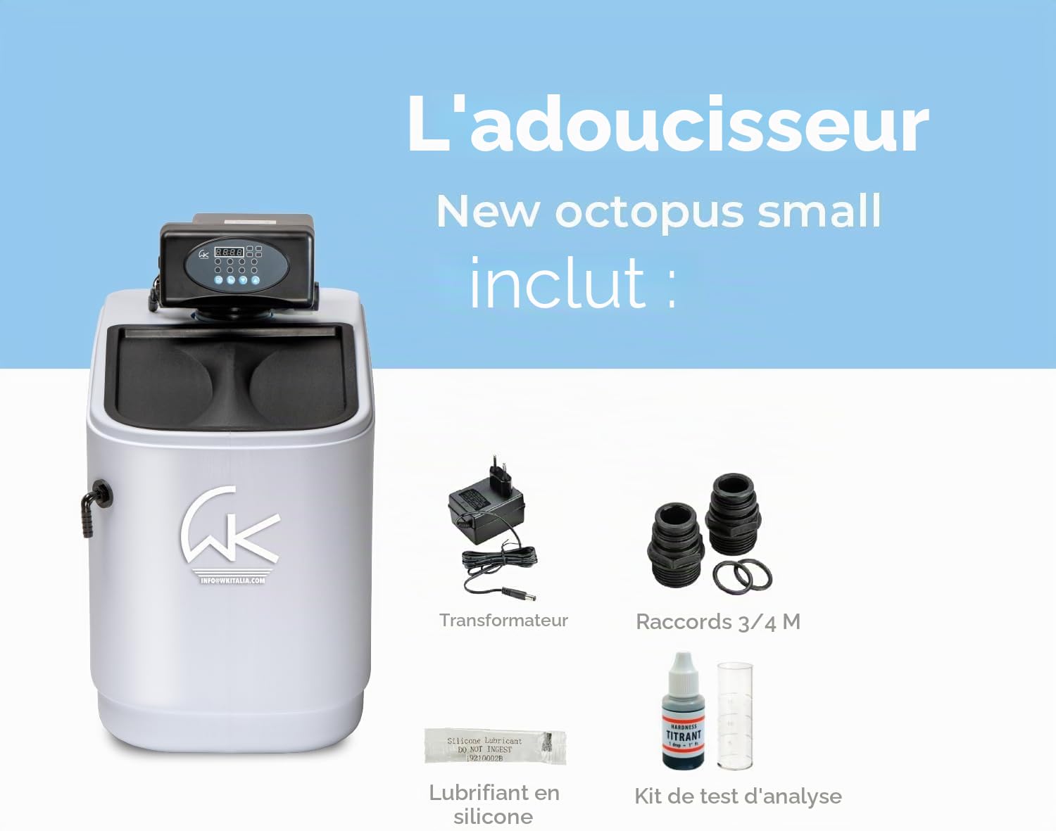 WK - Adoucisseur d'eau domestique New Octopus Slim, système de filtrage pour eau douce, design peu encombrant, débit de 3000 litres, idéal pour les familles jusqu'à 4 personnes