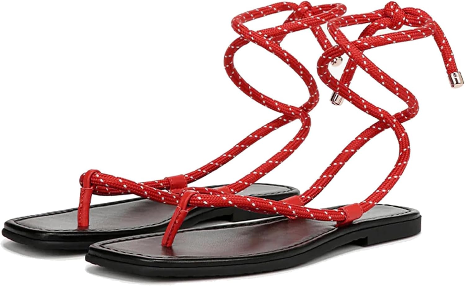 Rope Flat Sandals for Women Strappy Lace Up Square Open Toe Thong Sandals Comfortable Summer Beach Flip Flops Shoes