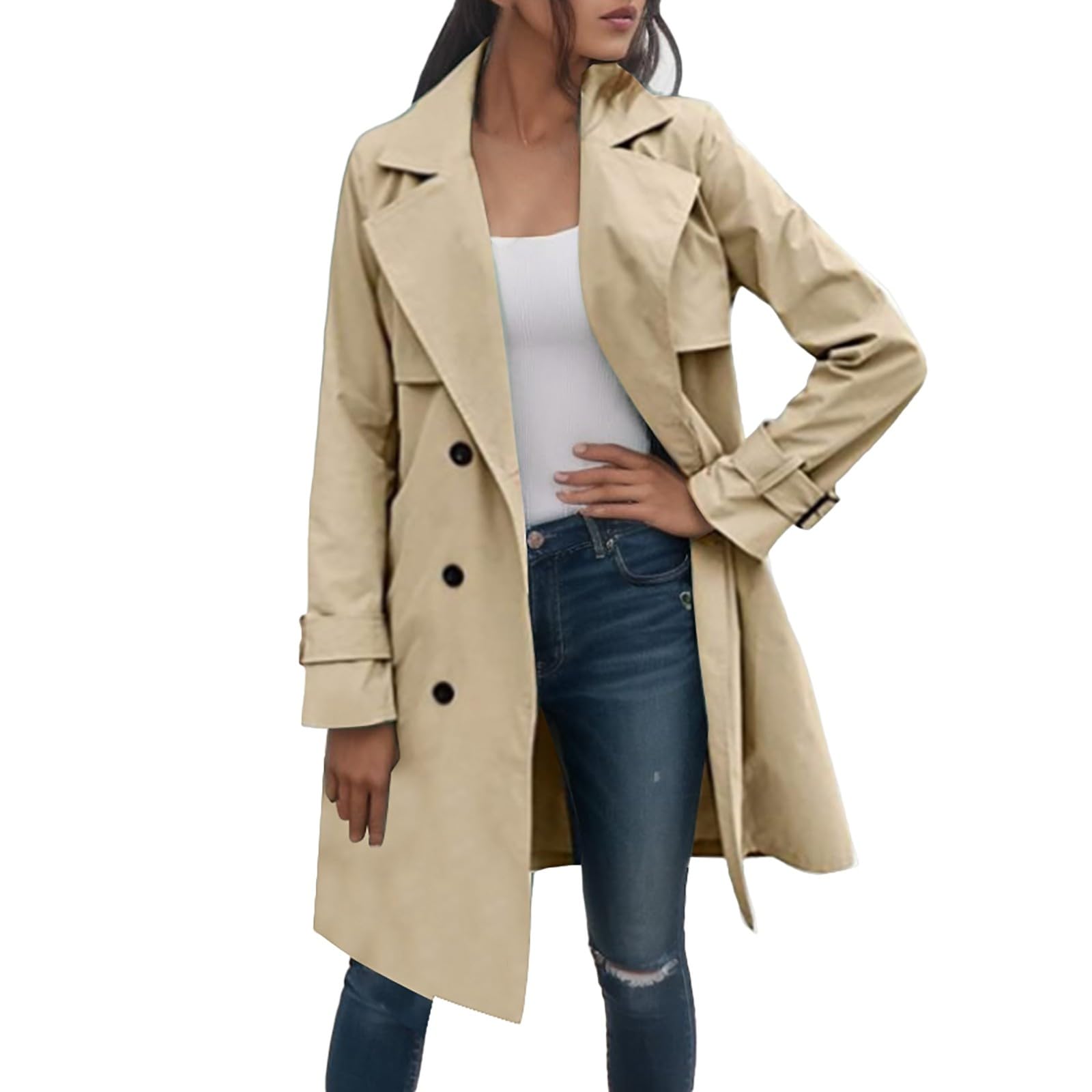 Gabardina para mujer, abrigo clásico largo de entretiempo, doble botonadura, cuello de solapa, resistente al viento, cazadora para exterior, para otoño y primavera, elegante