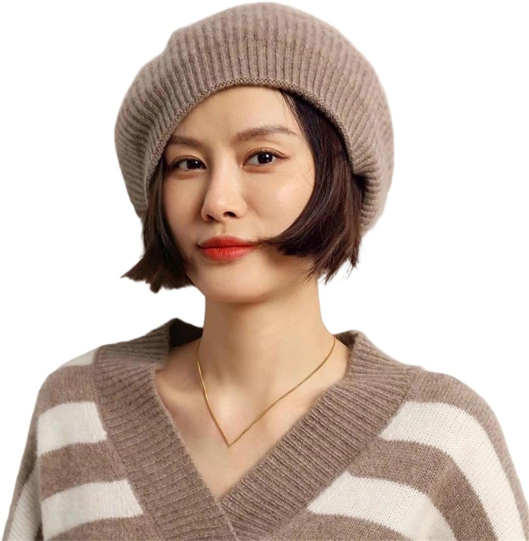 Winter Beret Hat for Women Knitted Solid Wool Cap