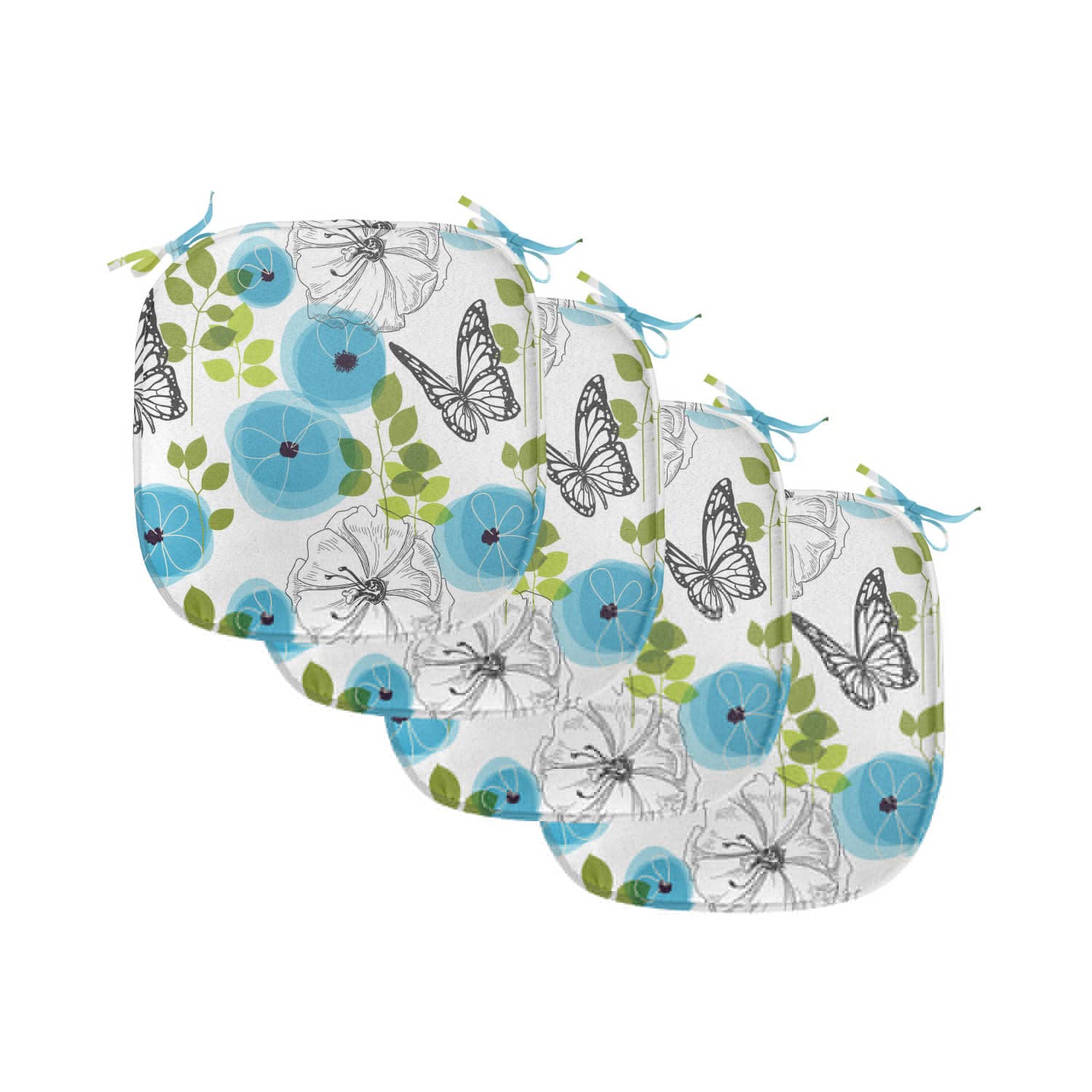 Lunarable Pale Blue Chair Seating Cushion Set of 4, Blue Poppies Butterfly Branches Leaves Botany Garden Nature Concept, Anti-Slip Seat Padding for Kitchen & Patio, 16"x16", Pale Blue Green White