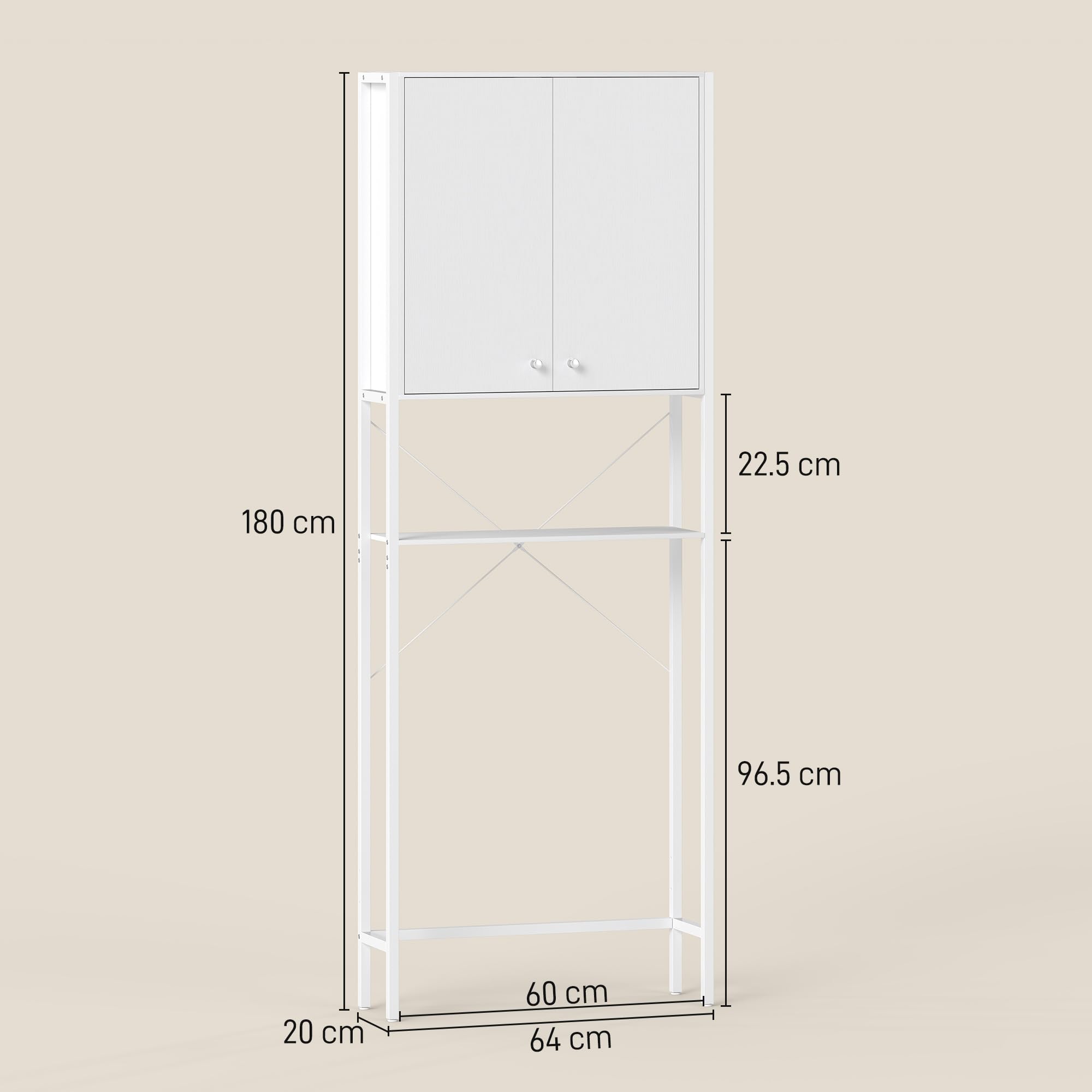 HOMCOM Mobile Bagno Sopra WC con Armadietto e Ripiano Aperto, Mobile Sopra Lavatrice Salvaspazio con Gambe in Metallo, per Bagno e Lavanderia, 64x20x180 cm, Bianco