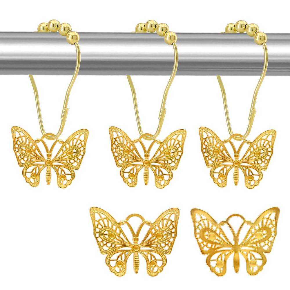 JZKaspar Decorative Shower Curtain Hooks,12PCS Butterfly Curtain Hooks Shower Ring,Rustproof Shower Curtain Hanger Clips, Shower Hook Ring for Shower Curtain Rod,Bathroom Decoration Accessories,Gold