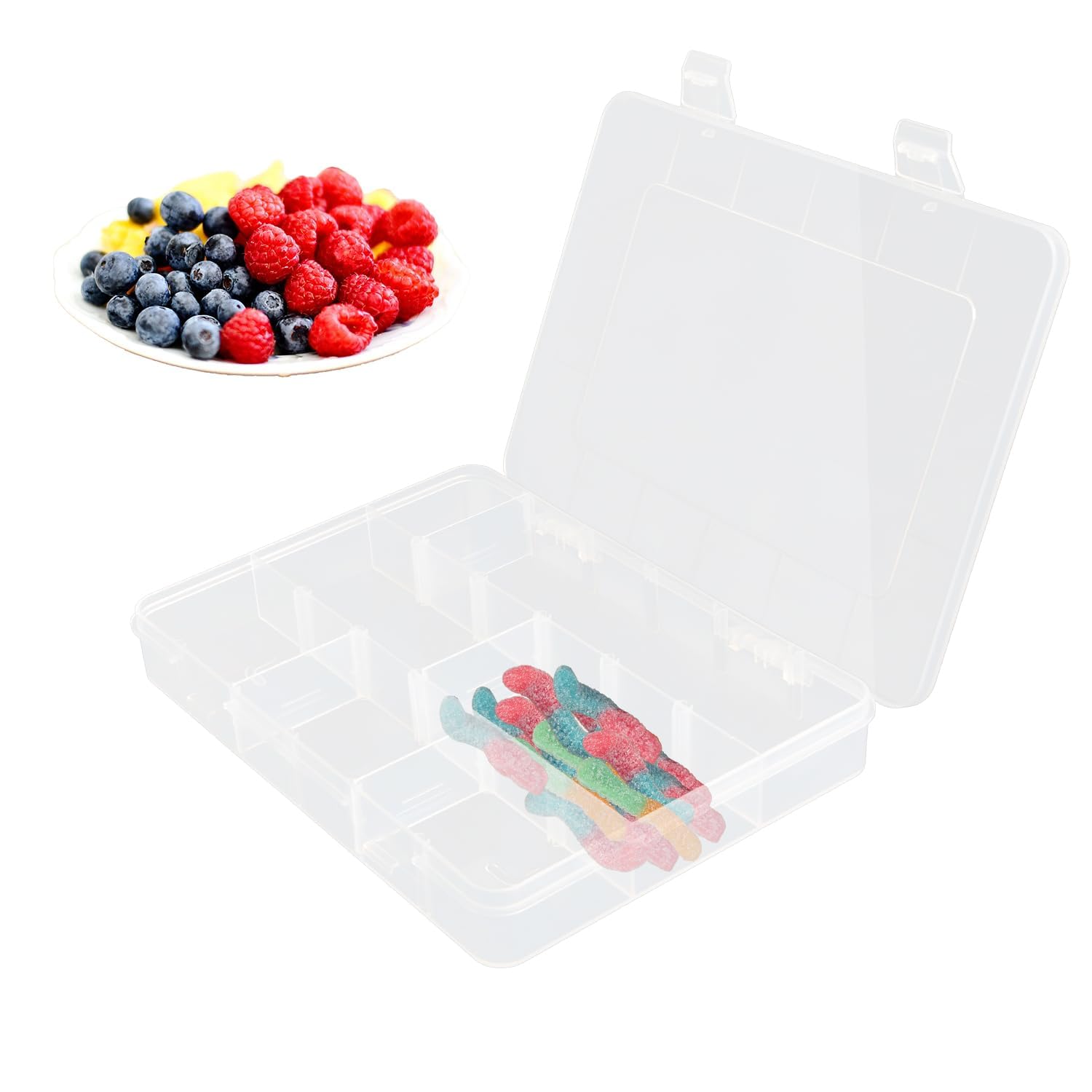 Tabanzhe 18 Large Grids Snack Compartment Storage Box,Clear Plastic Jewelry Organizer with Adjustable Dividers,Portable Snackle Container for Beads Jewelry Earring Cosmetics Craft Small Accessories