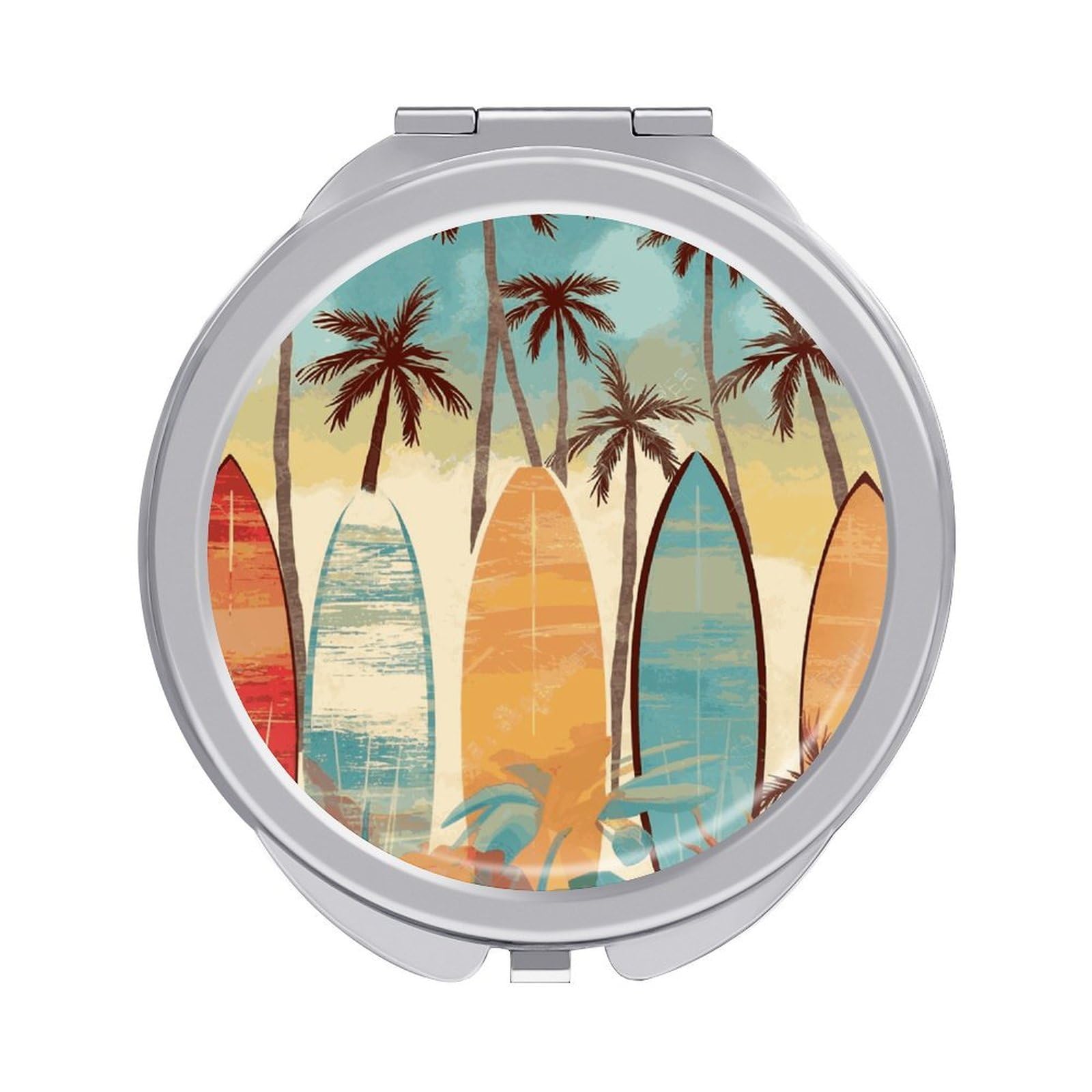 FekiLoot Surfboard Palm Tree Travel Makeup Mirror 2 X /1 X Magnifying Slim Pocket Mirrors Compact for Purse Travel Makeup Mirrors for Pocket, Handbag, Purse Women Gift