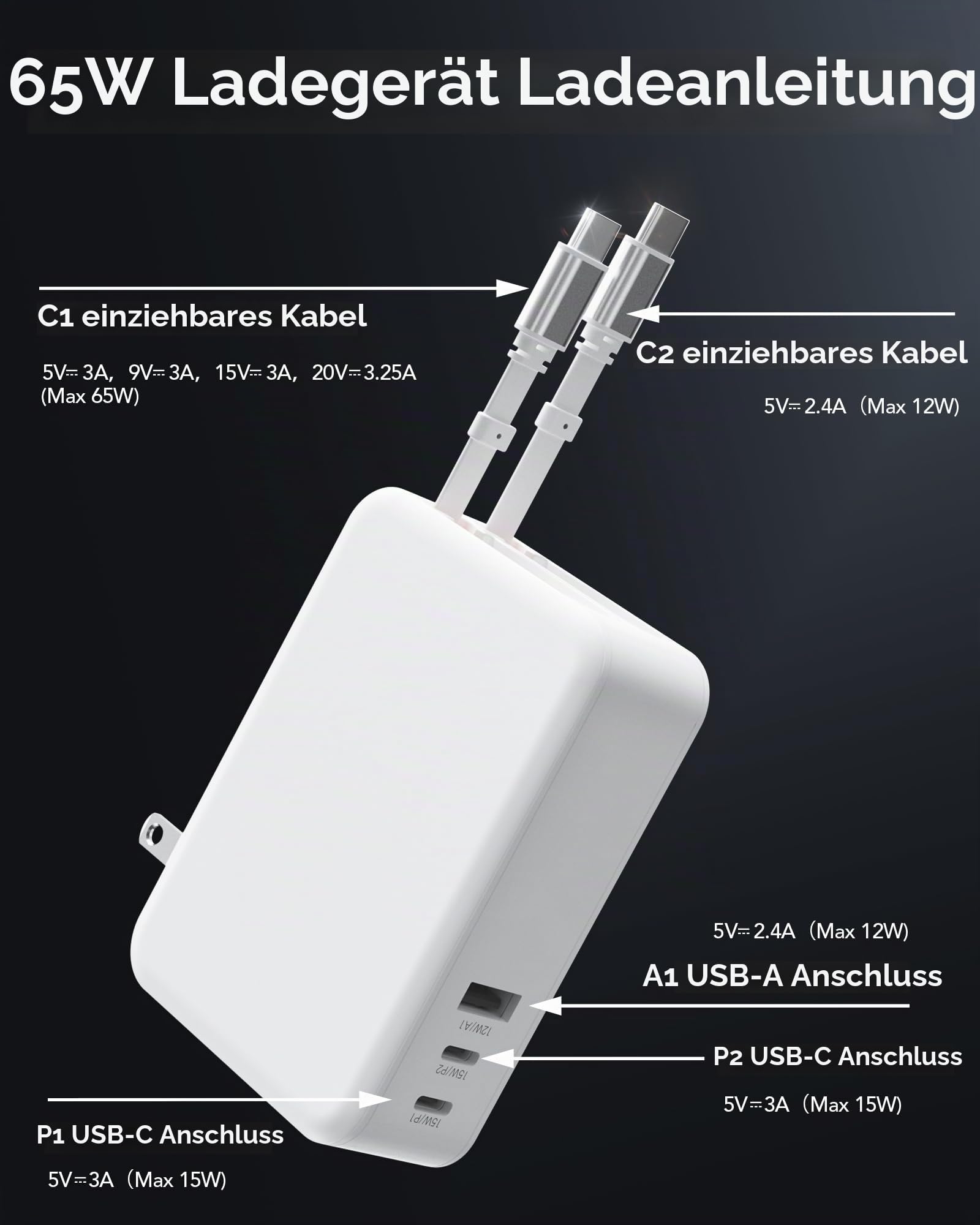 SPGUARD 5-in-1 Einziehbares Ladegerät 65W mit 2 Ausziehbares Kabel 120CM