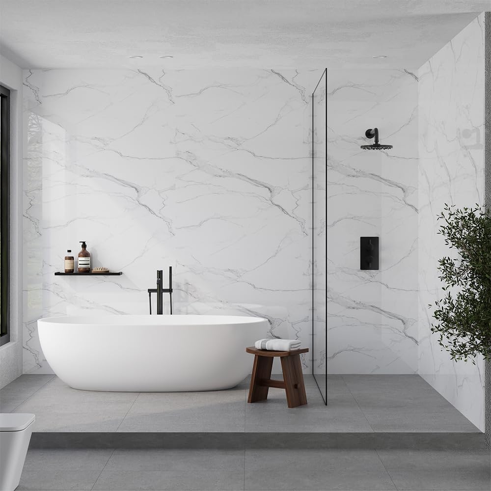 Shower Panel X2 Panels 100% Waterproof 1000mm Wide x 2400mm Tall Wet Wall Bathroom Cladding PVC 10mm Thick (1m) (White Marble (Gloss))