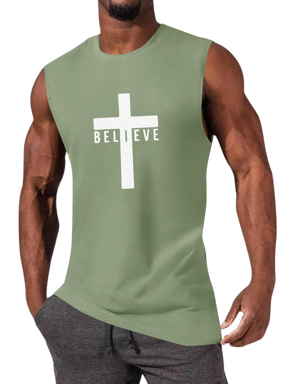 Canotte da uomo in cotone con grafica Gesù Croce Credere stampato Faith Christian camicie, Verde pisello, S