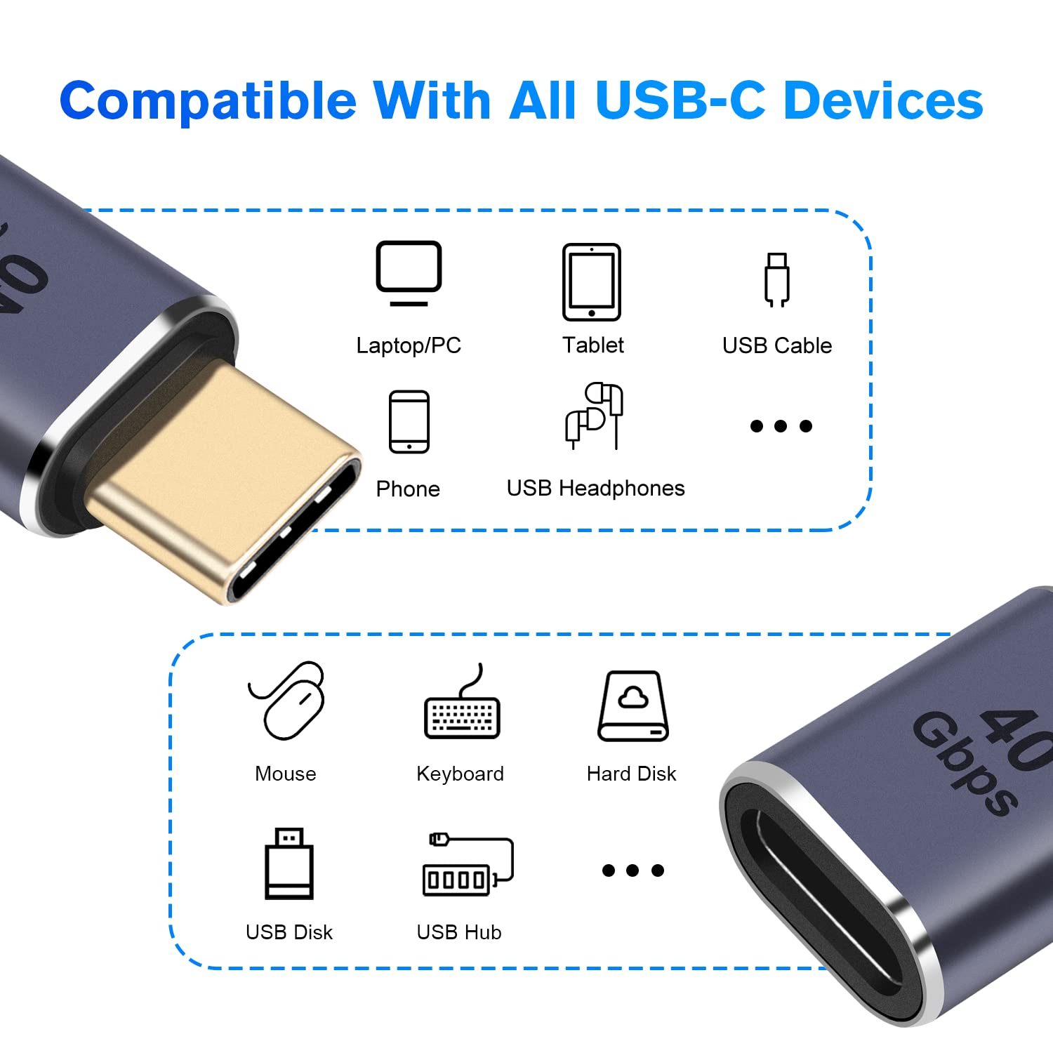 USB C Female To Male Adapter (2 Pack),Type C A Charger Cable Gray