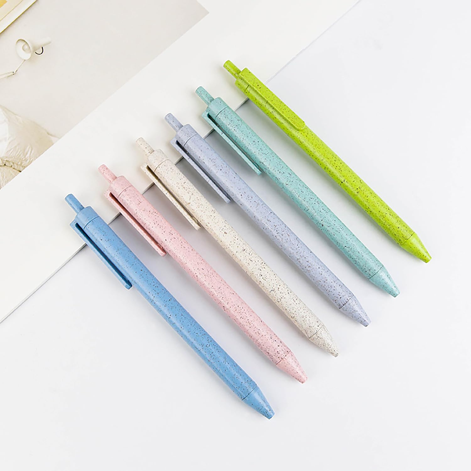BallPoint Pens Eco-Friendly Wheat Straw Cute Macaron Retractable Ballpoint Pen Set - 6 Pack Black Ink Medium Point — view 6
