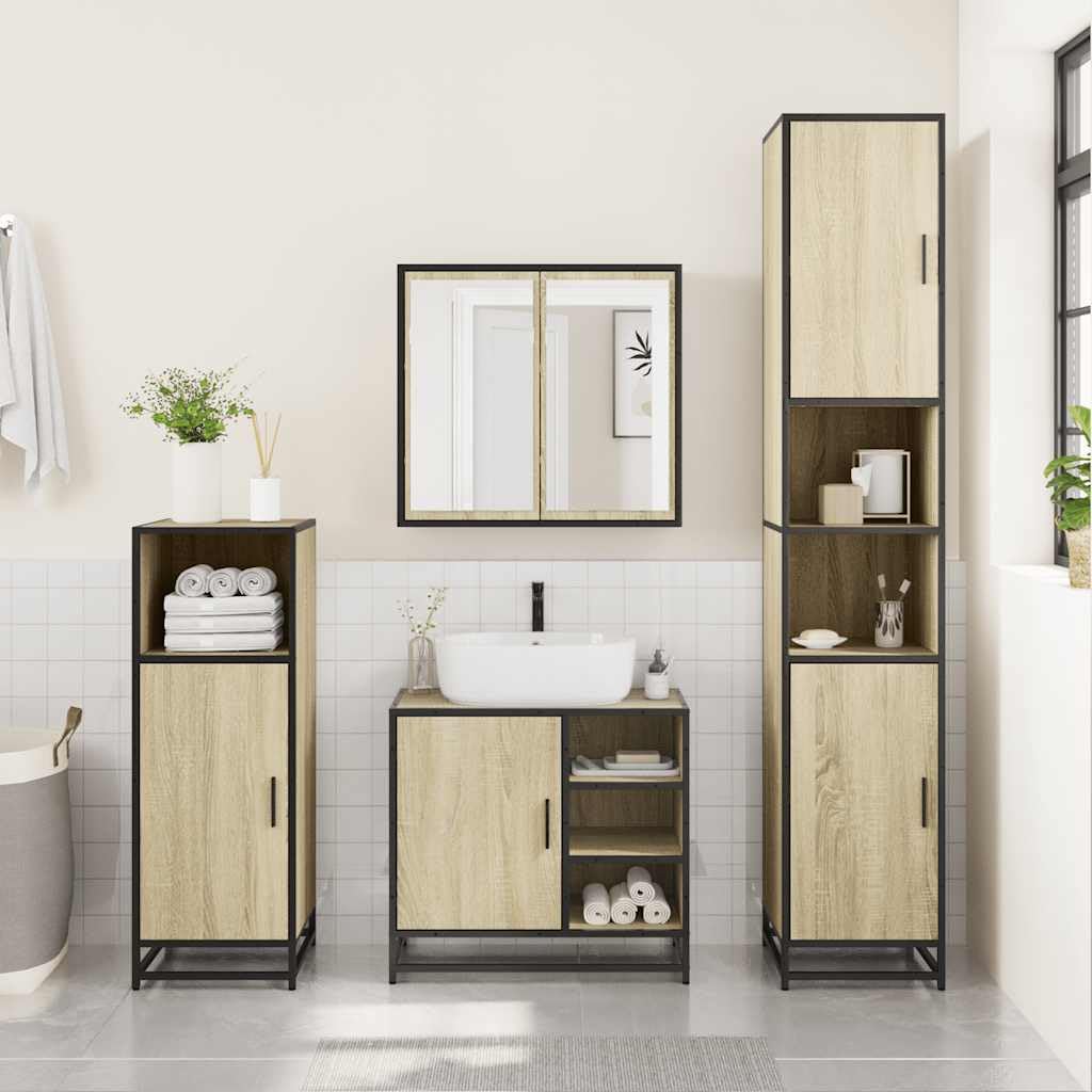 2-częściowy zestaw mebli łazienkowych, dąb Sonoma, materiał drewnopochodny z szafką pod umywalkę i szafką z lustrem 65 x 60 x 33 cm, miejsce do przechowywania dla gości, WC i łazienki, wiszące