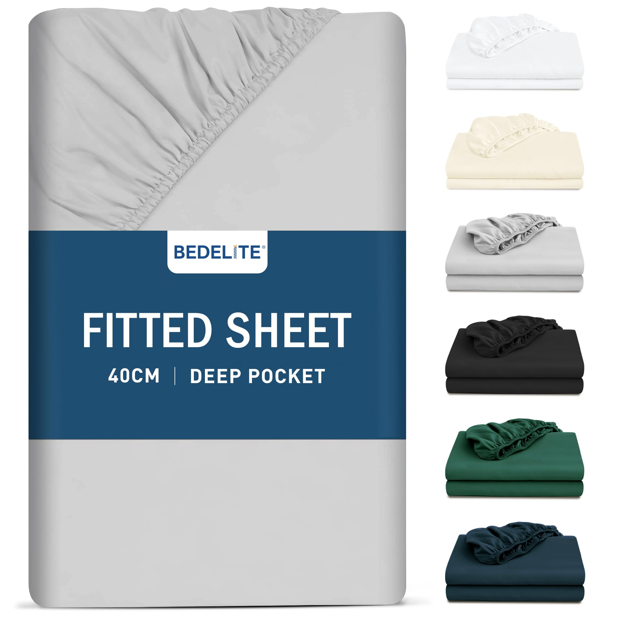 BEDELITE King Size Fitted Sheet Deep - Light Grey Soft Brushed Microfibre Bottom Sheet for Kingsize Bed, Deep Pocket 16 inch (40 cm), 150x200cm
