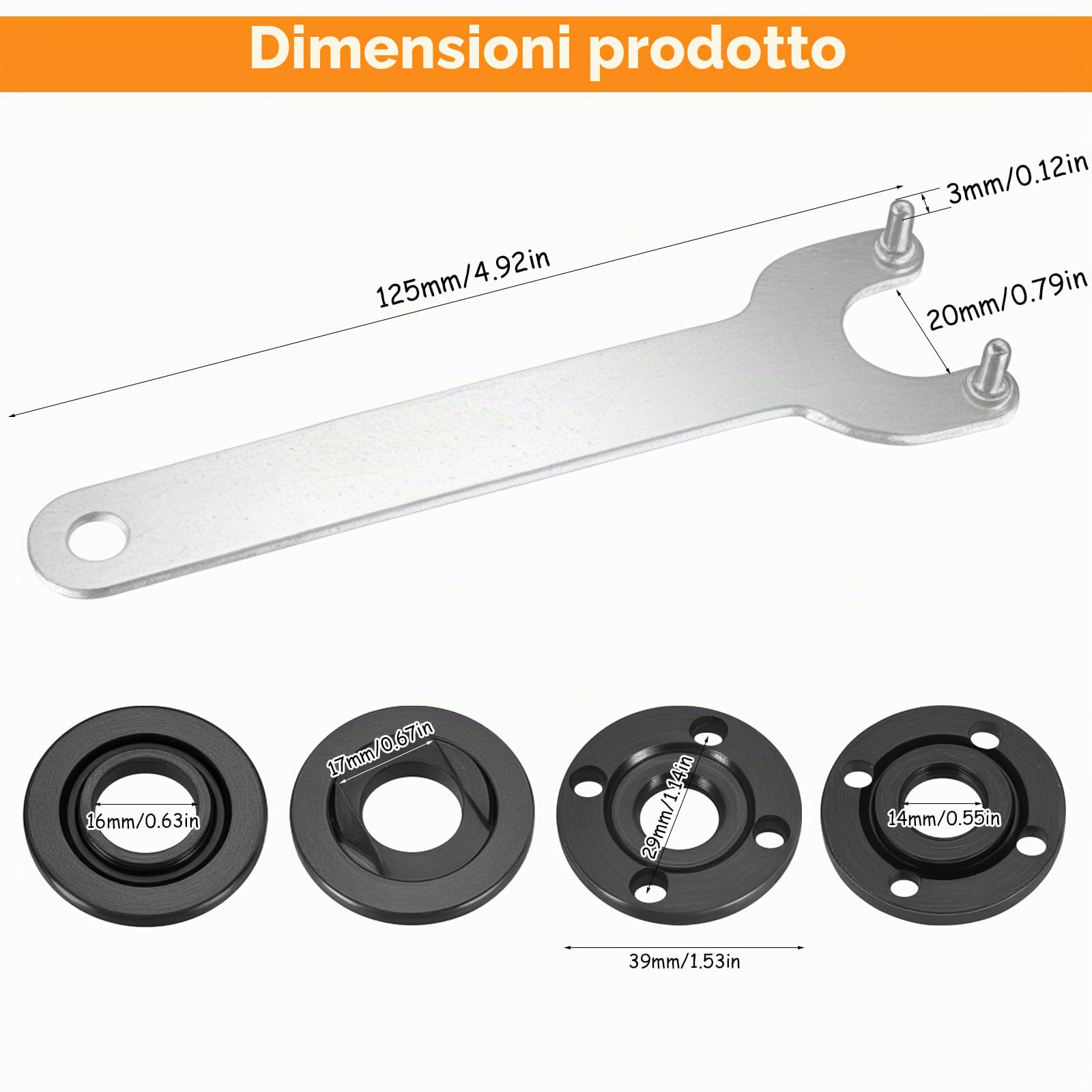 7 pezzi di ricambio per smerigliatrice angolare, chiave a flangia, con 6 dadi interni in metallo con flangia esterna e accessori per chiavi a flangia