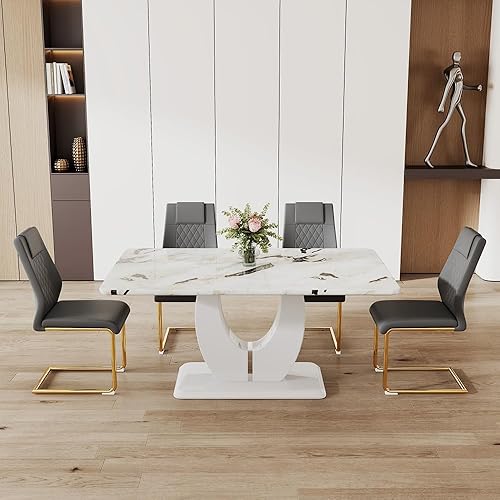 Miniatura 73 de JUFU Juego de mesa de comedor para 6 personas con sillas tapizadas de poliuretano, mesa y sillas de comedor de mármol sintético gris de 63 pulgadas,
