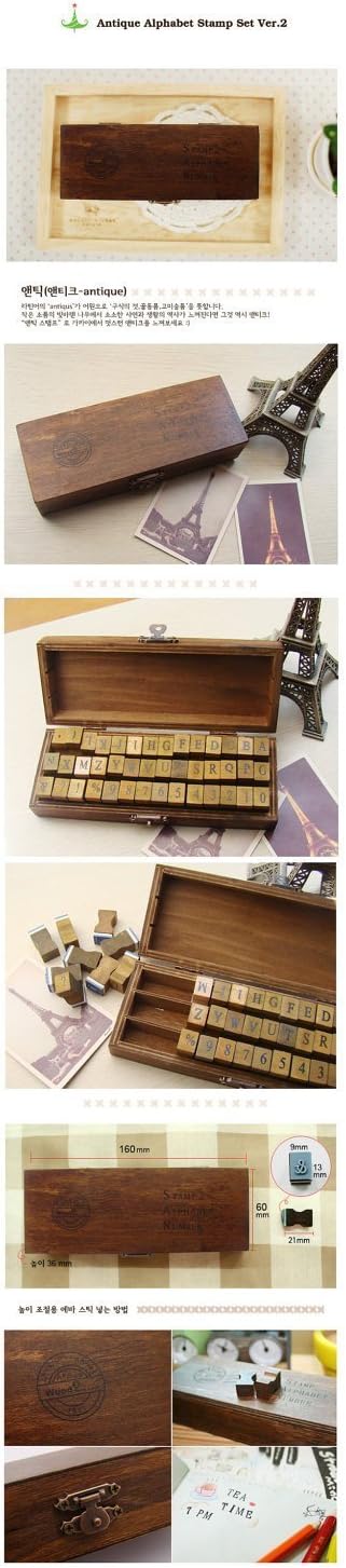 Wooden Rubber Stamp Box - Vintage Print Style - Capital Alphabet Stamp and Number Stamp - 42 Pcs Letter and Number Stamp Set