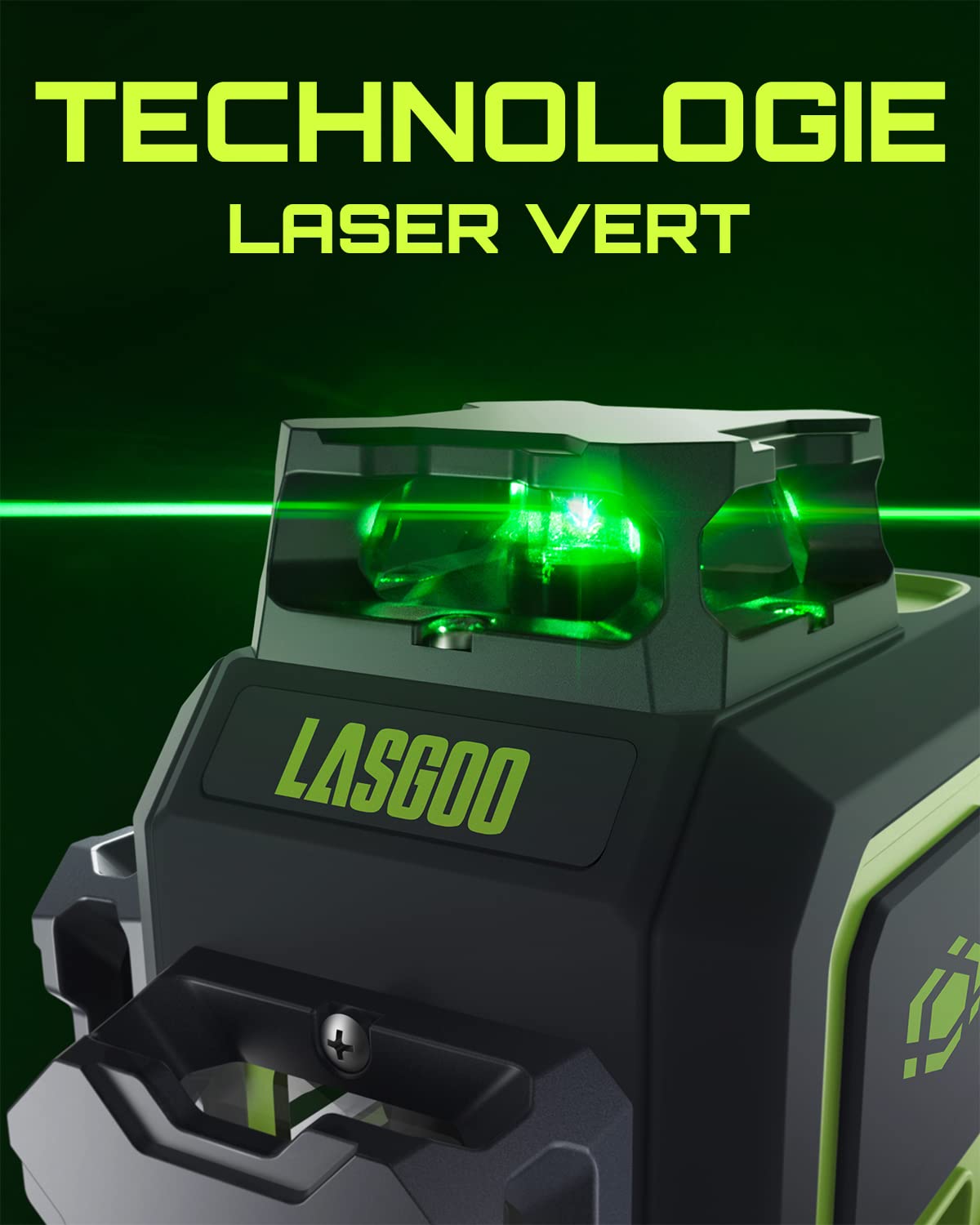LasGoo LG-3D Niveau Laser Auto-nivelant 3x360°- Laser 3D à Faisceau Vert pour Construction et Alignements - 2 Batteries Rechargeables (20h) - Support Magnétique Rotatif et Relevable，Vert