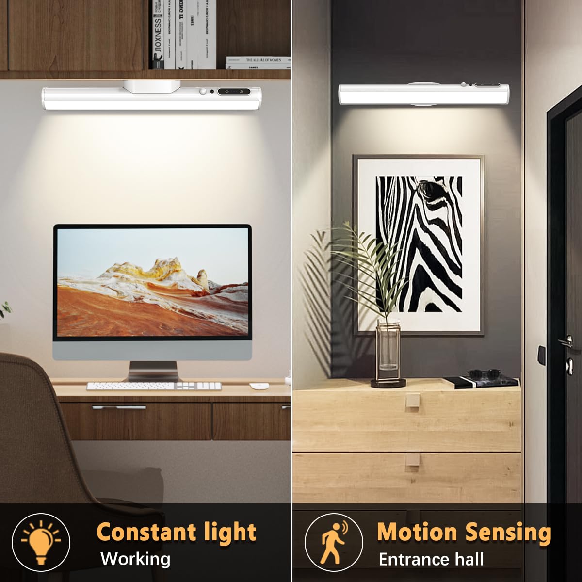 Lumiere Detecteur de Mouvement Interieur, 4000mAh Lampe Murale Sans Fil Rechargeable USB, Reglette LED Cuisine Aimantée, Barre Lumière a Pile pour Placard, Tableau, Armoire, Salle de Bain