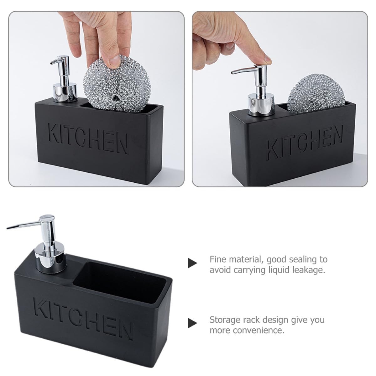 SHINEOFI Dispenser Sapone Cucina Nero in Resina e Plastico con Porta Spugna Integrato, Erogatore Liquido Facile da Ricaricare con Presa Antiscivolo per Uso Quotidiano