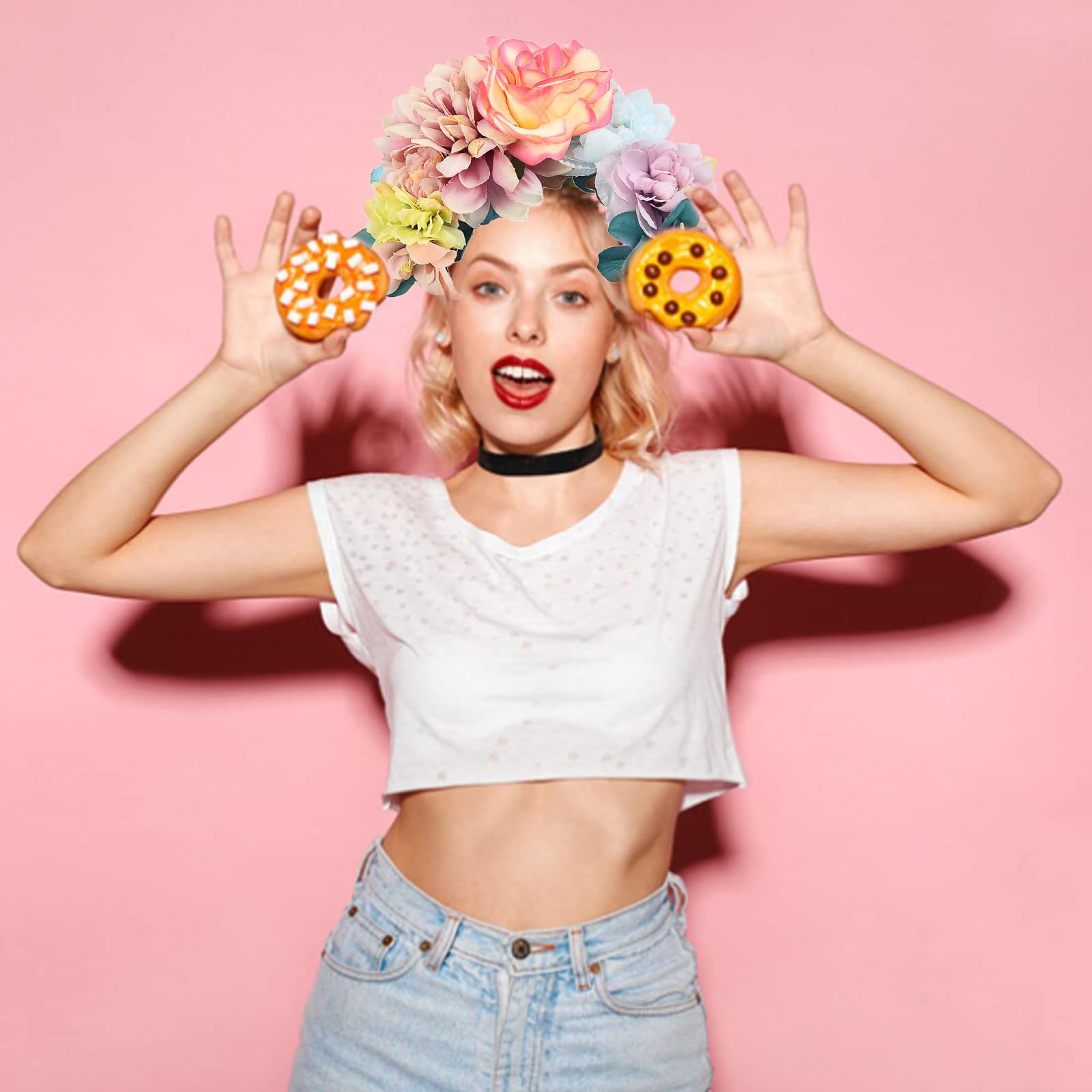 SSyang Mexican Flower Wreath Flower Headband with Rose Flower Crown for Women Rose Flower Headband Rose Flower Headband for Party Wedding Party - Image 3