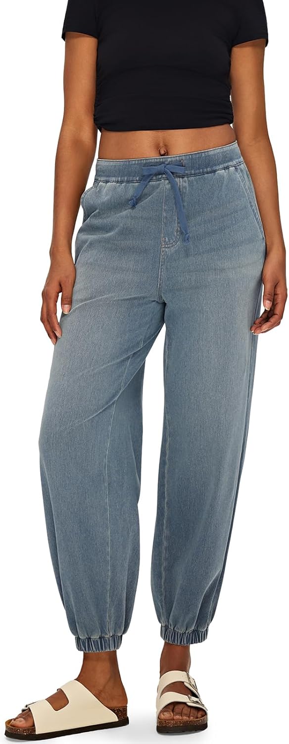 Fanica Women‘s High Rise Wide Leg Jeans, Drawstring Waist with Tapered Ankle Cuff Denim Pants