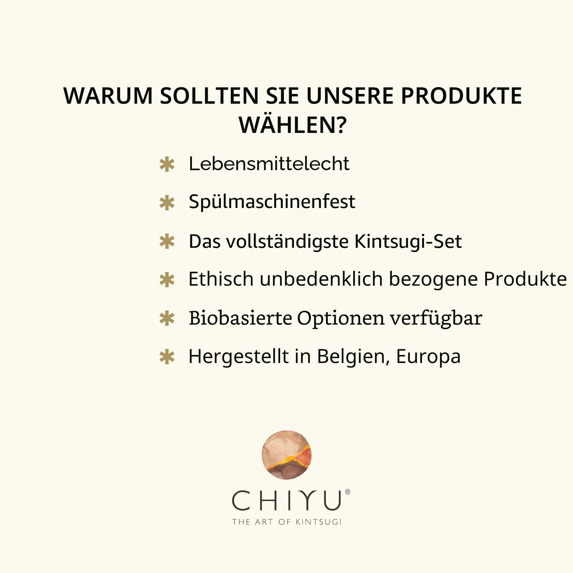 CHIYU Kintsugi Reparatur Set: Modern Repair Kit - Gold - Goldkleber - Lebensmittelecht - Spülmaschinenfest - Das vollständigste und haltbarste Set