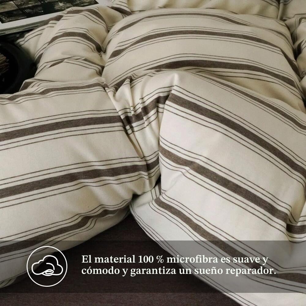 Freyamy - Juego de funda de edredón 220 x 240 cm con rayas marrón beige, juego de cama para 2 personas, para niñas y mujeres, con cierre de cremallera, juego de funda impreso de rayas en microfibra