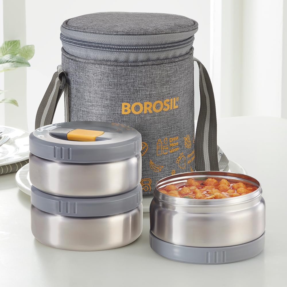 Borosil MealMate Stainless Steel Lunchbox with Bag | 3 pcs Round Container Set (370 ml Each) | Single Wall Lunch Box with Food Grade Steel | Leakproof & Dishwasher Safe | 1 Year Warranty-picture-31