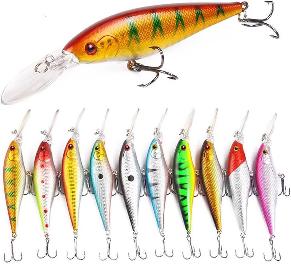 Arabest 10Pcs Fishing Lures - Crank Bait Set, Deep Diving Wobblers Artificial Baits with 3D Eyes, Bass Lures for Freshwater and Saltwater Fishing