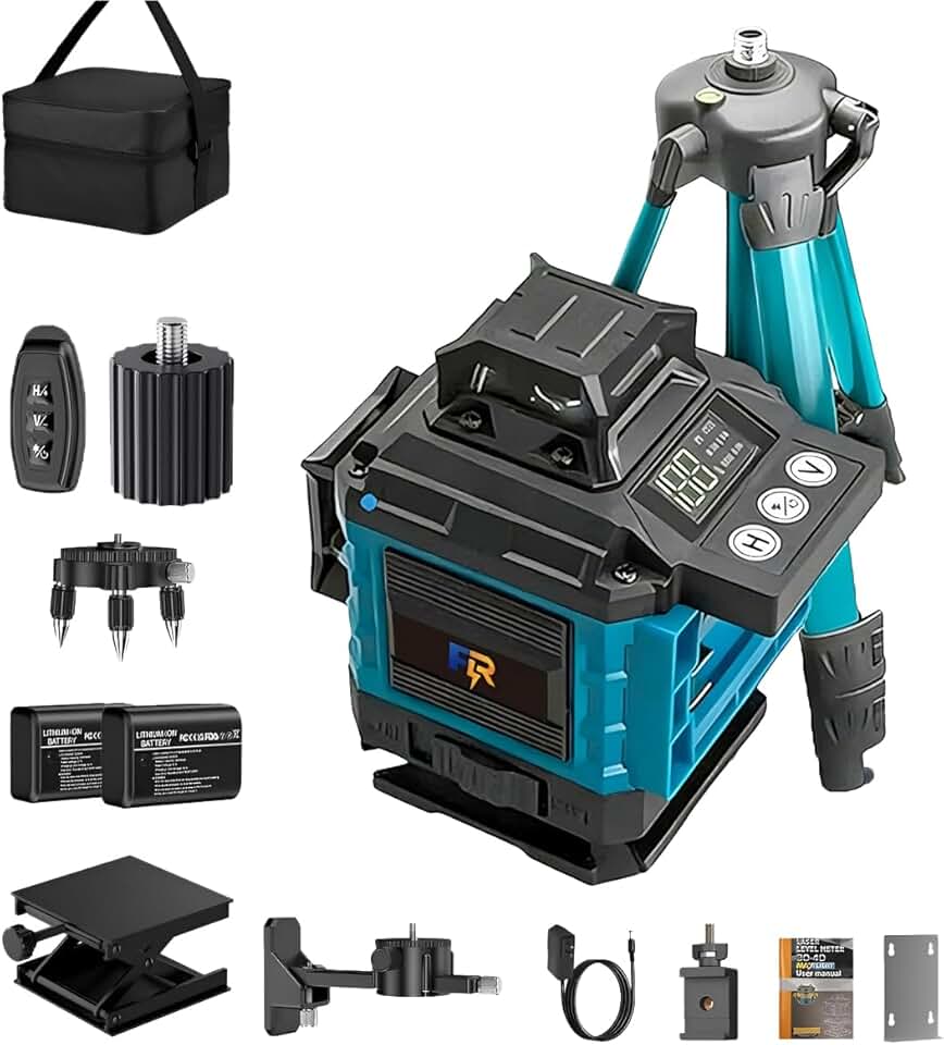 Nível Laser Verde 16 Linhas 4D Auto Nivelante com 2 Baterias e Controle Remoto - Kit Completo Nivelador a Laser com Tripé, Suporte e Bolsa