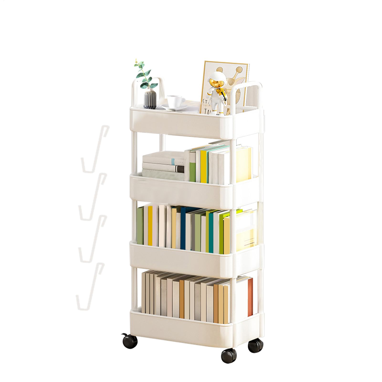 3 Niveles/4 Niveles Carro rodante utilitario con Ganchos - Carro rodante Carro Organizador con Ruedas para Cocina Maquillaje Baño Oficina | Organizador Almacenaje Carrito para Libros