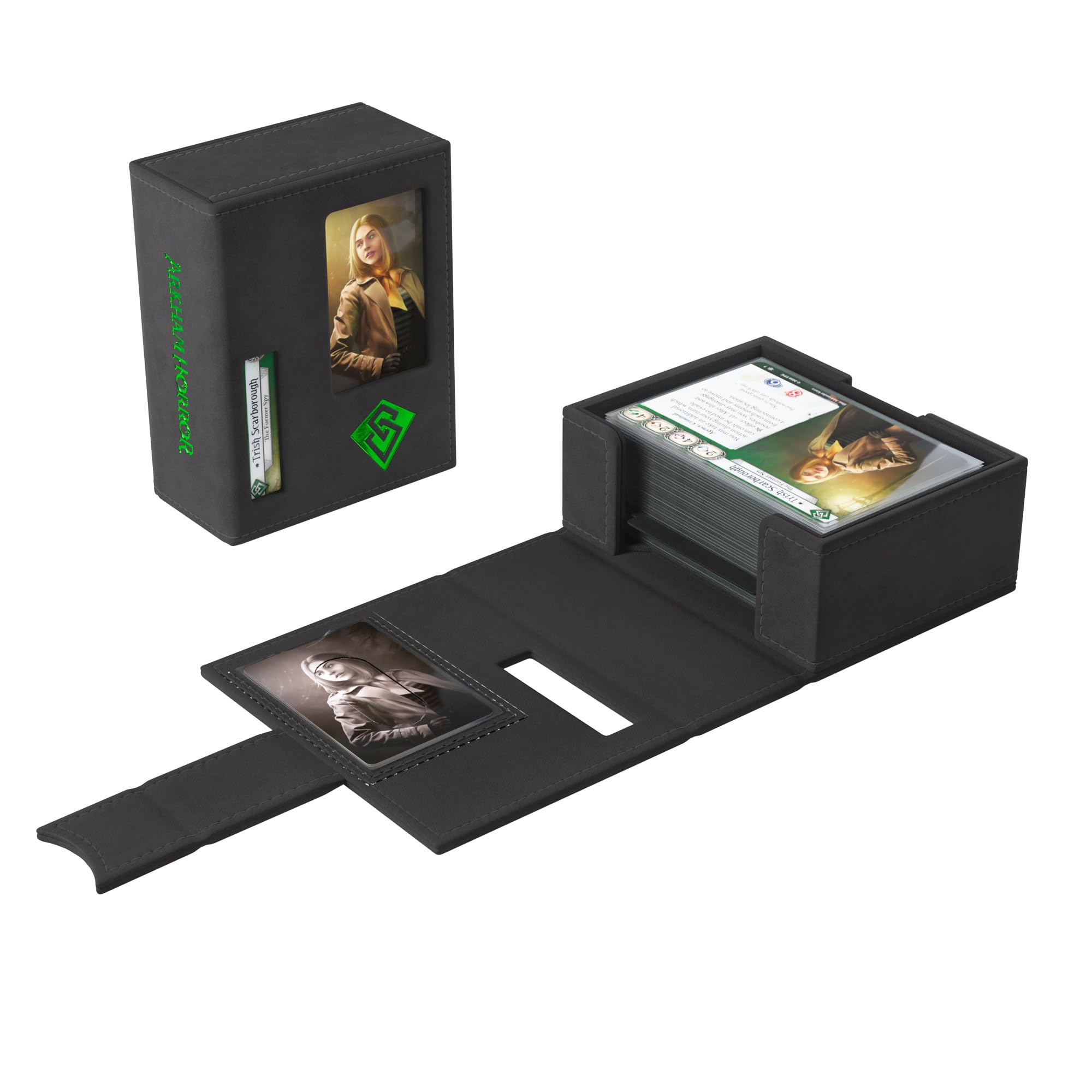 Gamegenic Arkham Horror Investigator Deck Tome New Edition Green Rogue, Caja para Mazos Premium, Capacidad 60 Cartas con Funda, Cierre Magnético y Ventanas de Identificación