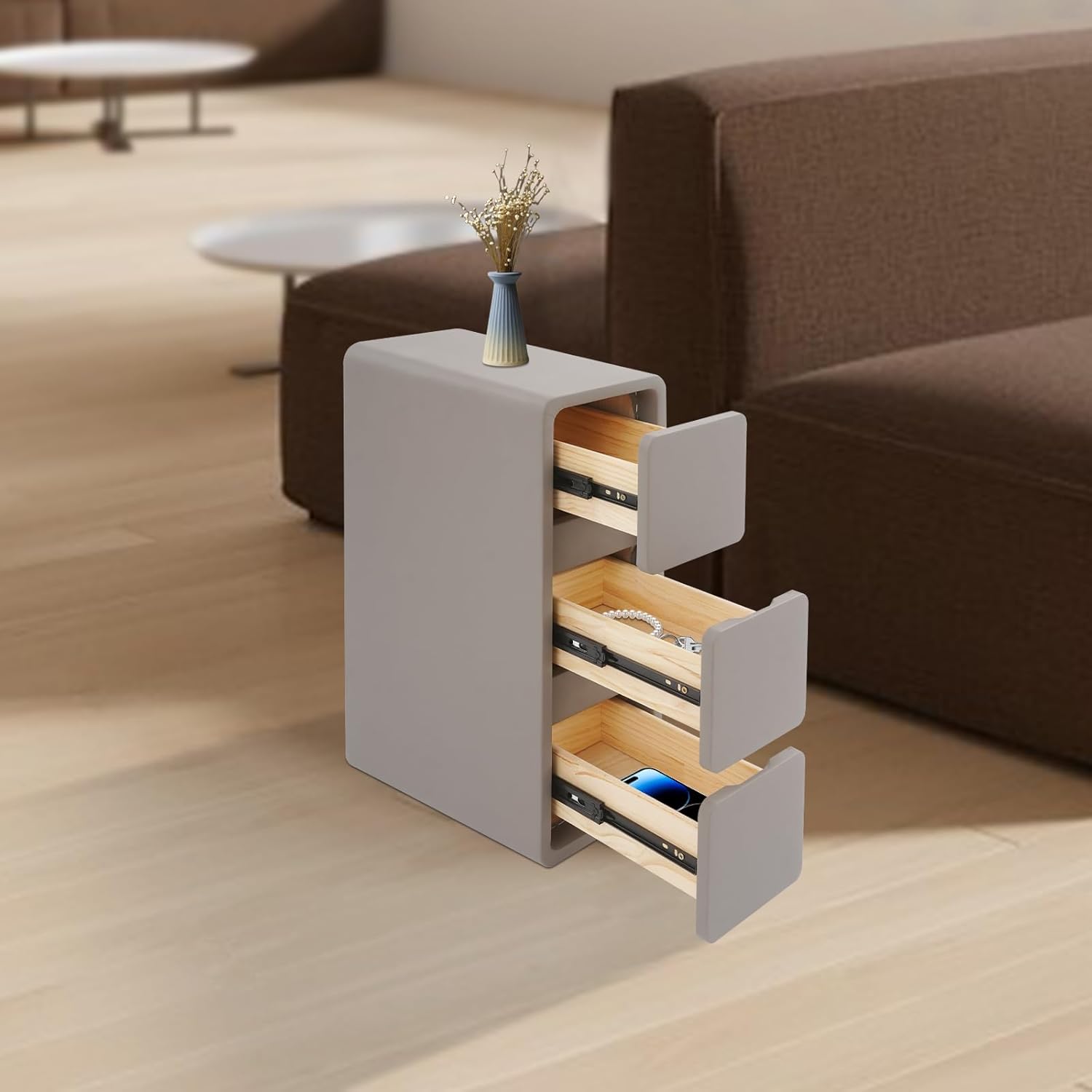 3-Layers Narrow Nightstand, Solid Wood Bedside Table with Drawers, Modern Night Stand with Top Storage Platform, PU Wrapping Side End Table for Bedroom Living Room Office (Dark Grey)