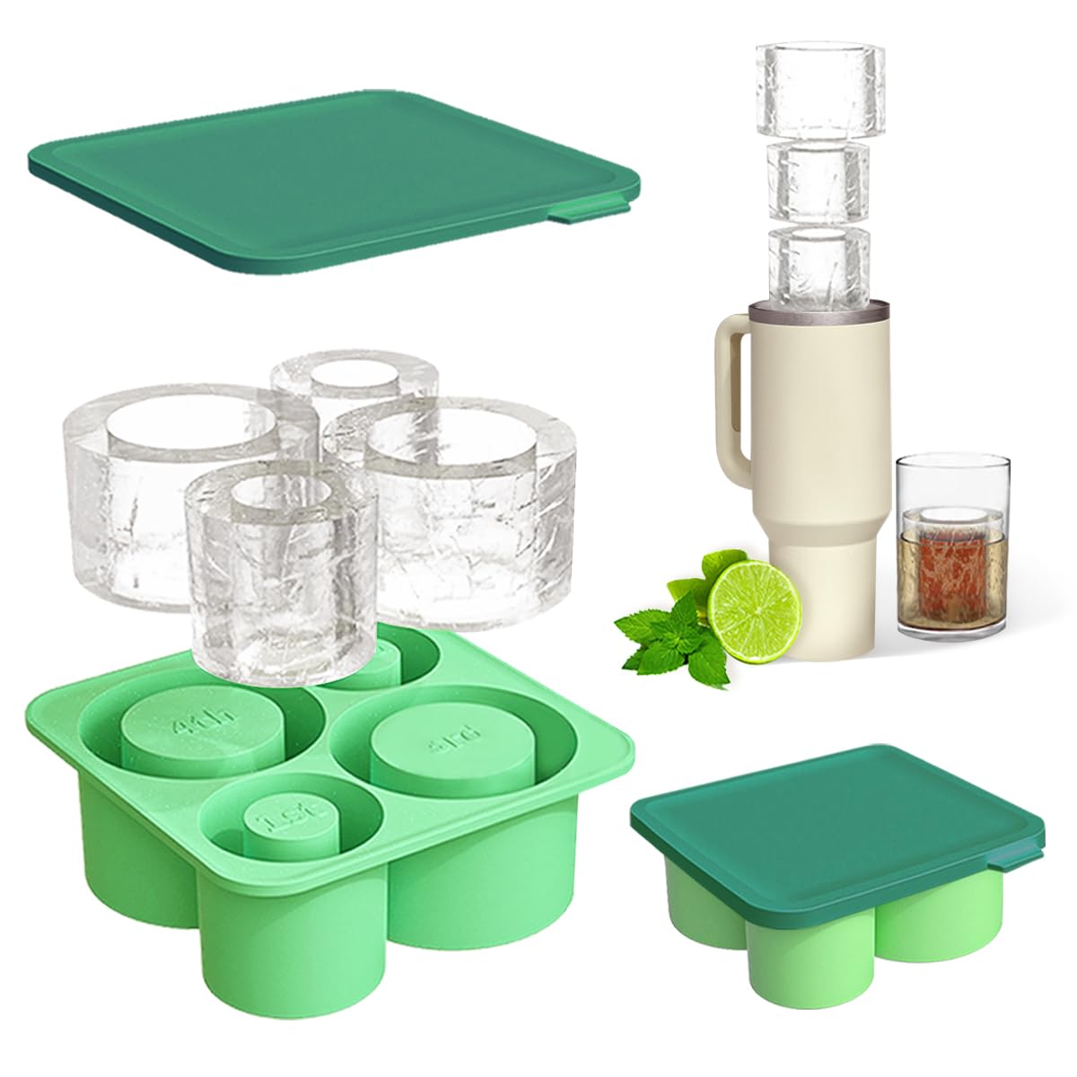Ice Cube Tray for Tumbler, 4Pcs Silicone Hollow Cylinder Ice Mold with Lid for Ice Drink, Juice, Whiskey, Cocktail, 20Oz, 30Oz, 40Oz for Stanley Cup Release Ice Maker (Green)