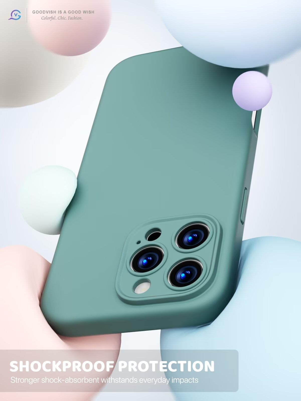 GOODVISH 3 in 1 Silicone Cover per iPhone 16 Pro 6.3", Custodia con 2 Pellicola Vetro Temperato [Protezione Fotocamera] 360° Protezione Anticaduta Case per Cellulare Antiurto Resistente, Verde