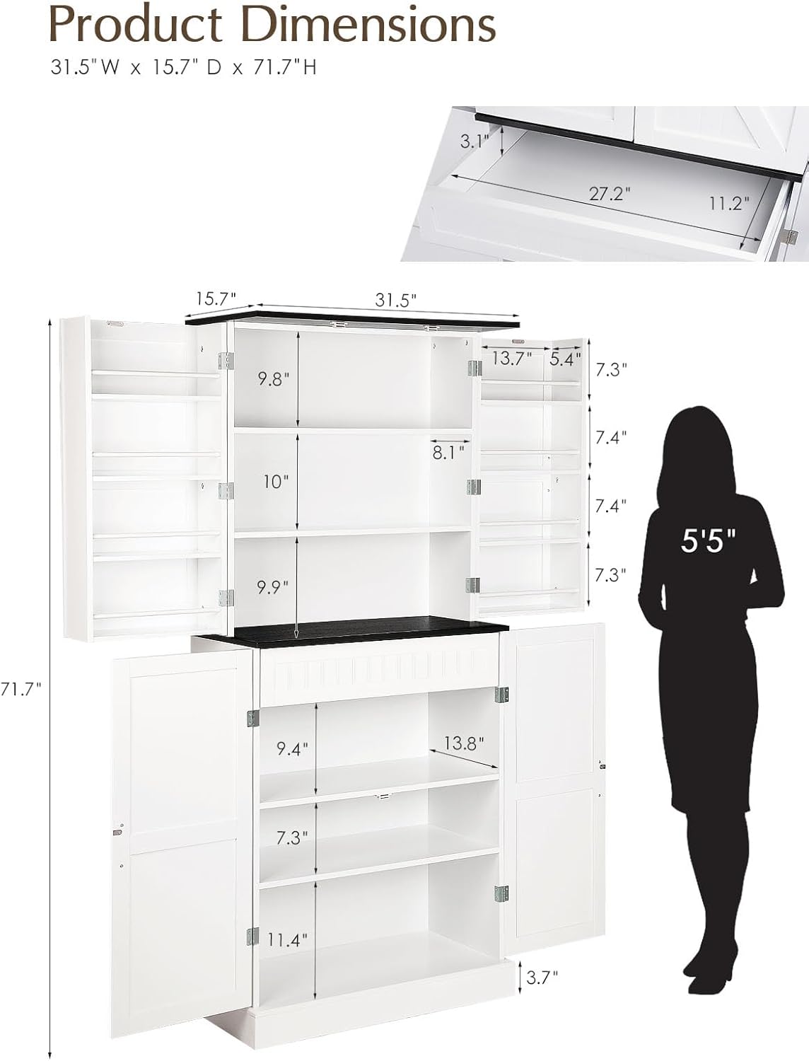 72" Farmhouse Pantry with Spacious Drawer, 31.5" Wide Freestanding Storage Cabinet with 4 Adjustable Shelves, Barn Doors & Rustic Wood Finish,White Cabinet for Kitchen,Dining Room, Office or Entryway