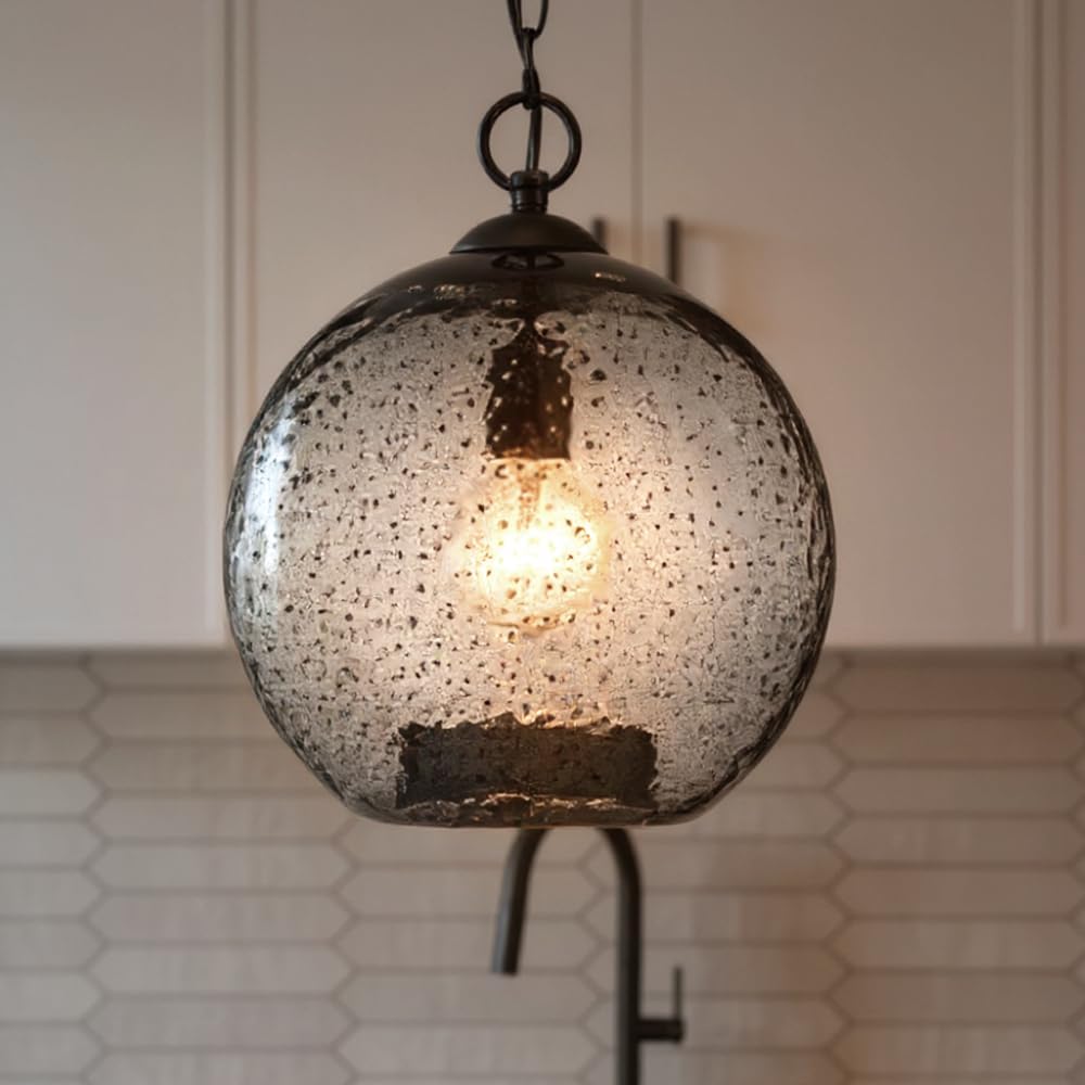 Urban Ambiance Luxury Vintage Pendant Light, Small Size: 14" H x 12" W, with Americana Style Elements, Olde Bronze Finish and Recycled Blue Textured Shade, UHP2581, Birmingham Collection